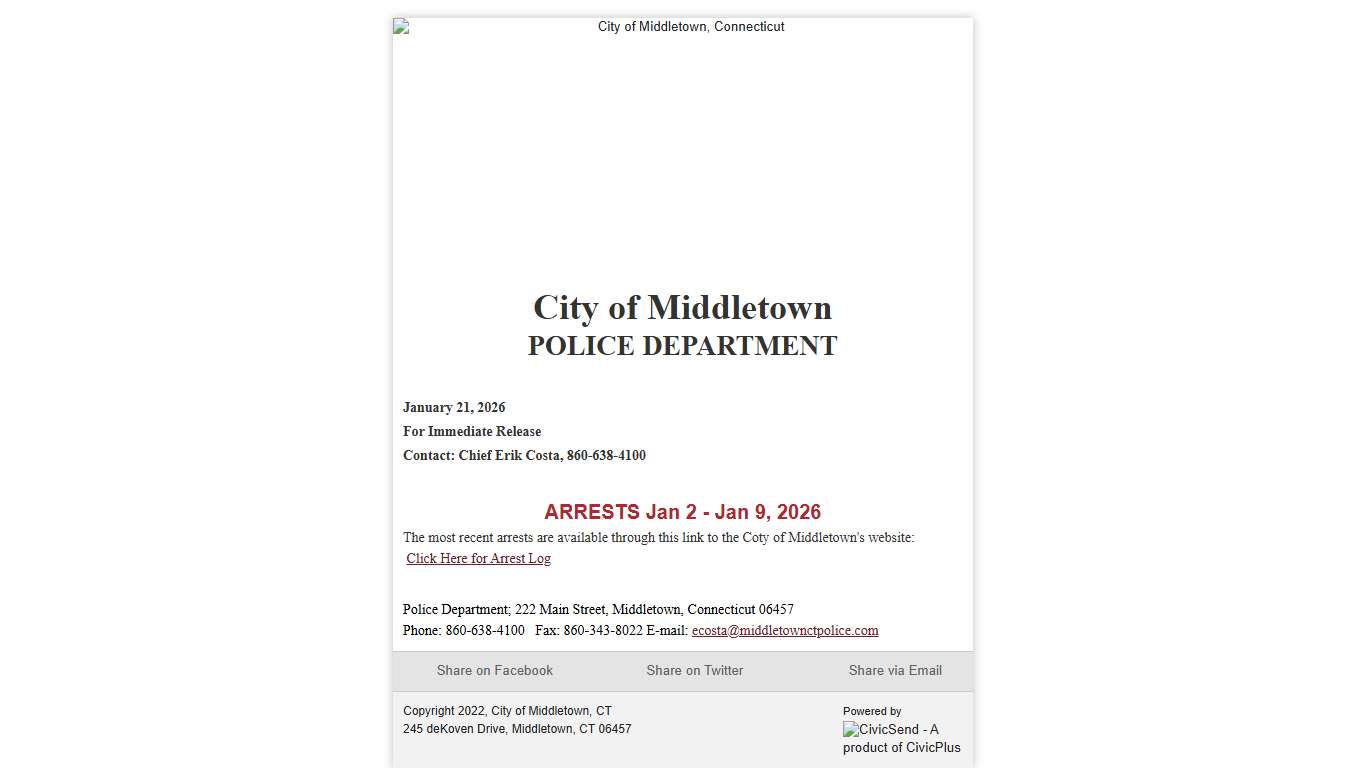 Press Release - Arrests Jan 2 - Jan 9, 2026